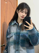 LOSTCTRL Embroidered Brushed Plaid Jacket in Blue - On Female Model
