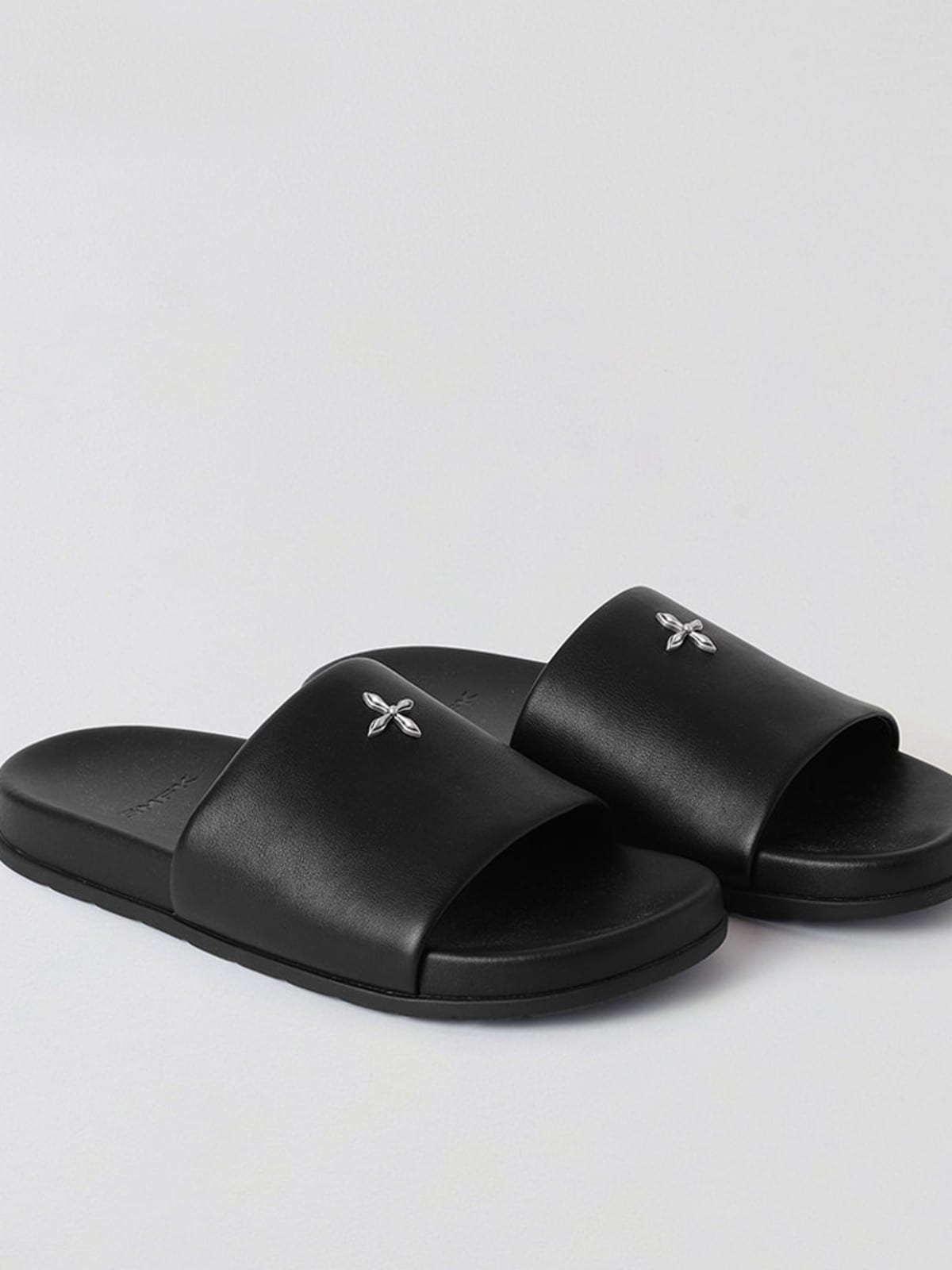 SMFK Leather Cross Detail Slide Sandals in Black