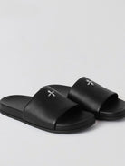 SMFK Leather Cross Detail Slide Sandals in Black