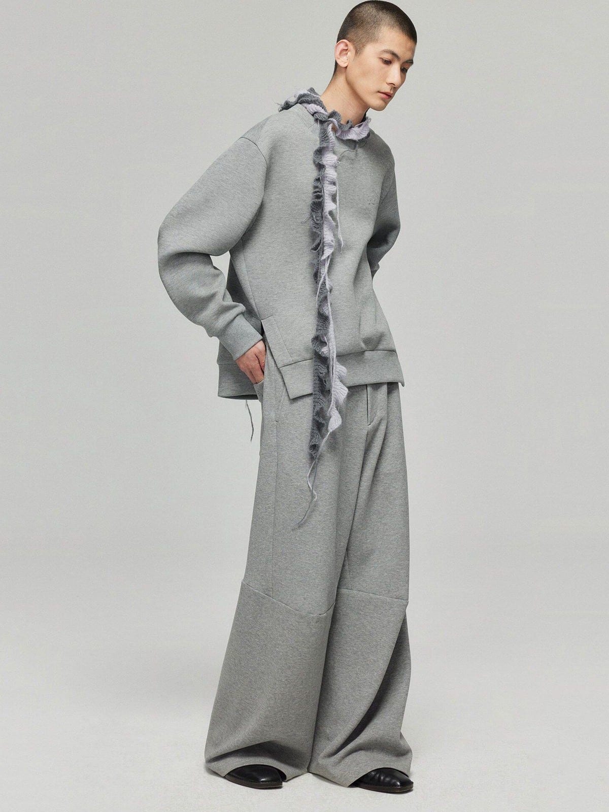 SIMPLE PROJECT Spacer Fabric Slit Hem Sweatshirt in Gray - On Male Model