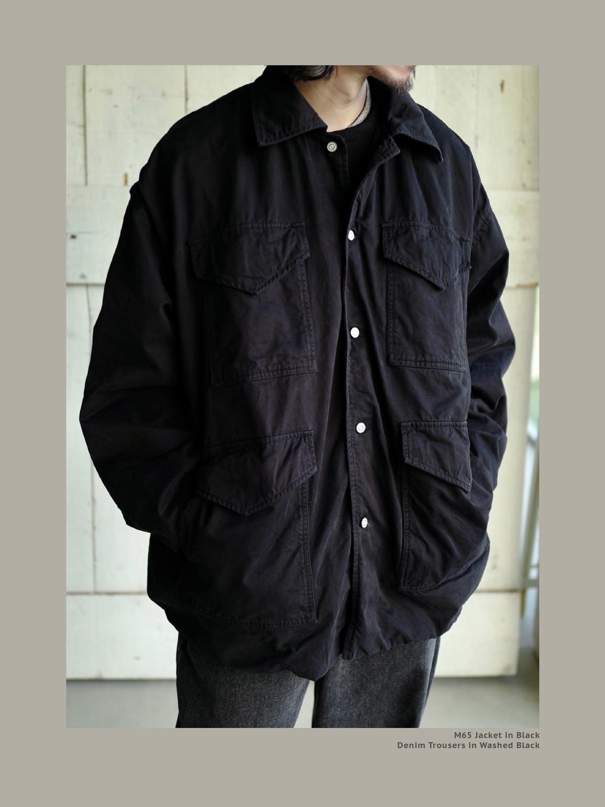 USAGE Washed Cotton Twill M65 Jacket in Black - On Male Model