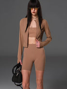 SMFK Cropped Zip Front Nylon Jacket in Brown - On Female Model