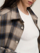 Retro 21 Japanese Flannel Raw Hem Plaid Shirt in Khaki - On Female Model
