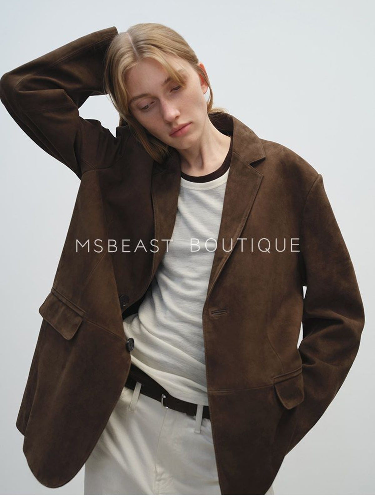 MSBEAST Oversized Sheepskin Suede Blazer in Brown - On Female Model
