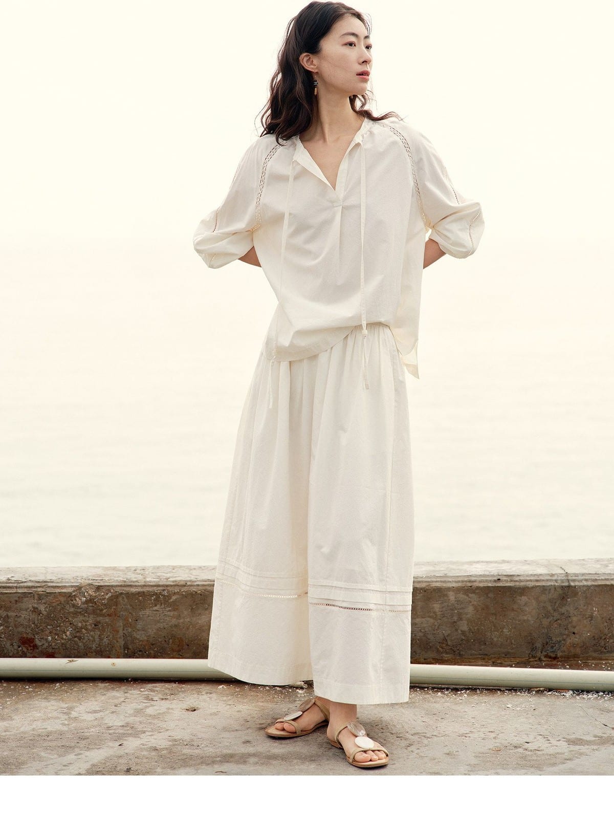 TEASEL Silk Blend Lace Trim Top Skirt Set in Off-White - On Female Model