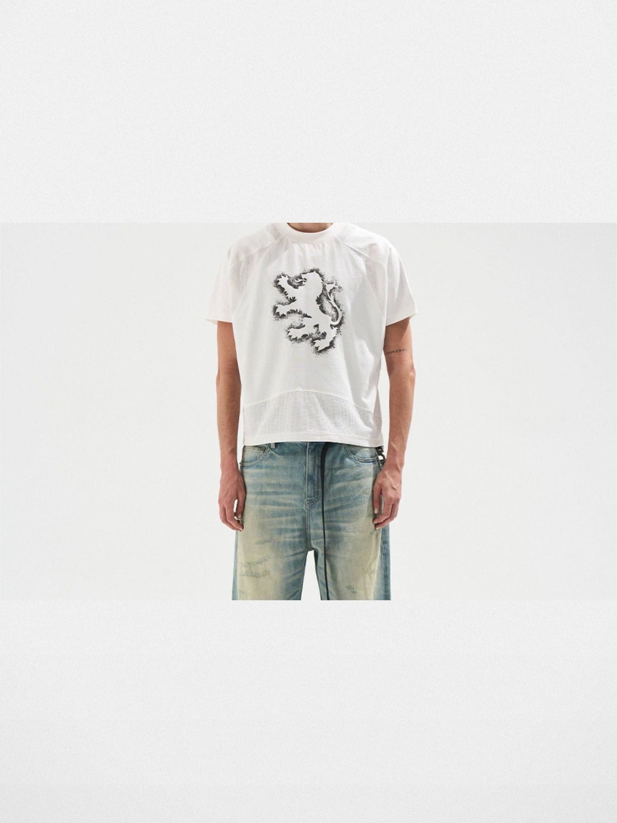 BLINDNOPLAN Sorona Panelled Graphic T Shirt in Blue - On Male Model