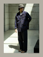 USAGE Washed Crinkle Plaid Open Collar Shirt in Navy Blue - On Male Model