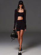 SMFK Scoop Neck Zip Up Sports Jacket in Black - On Female Model