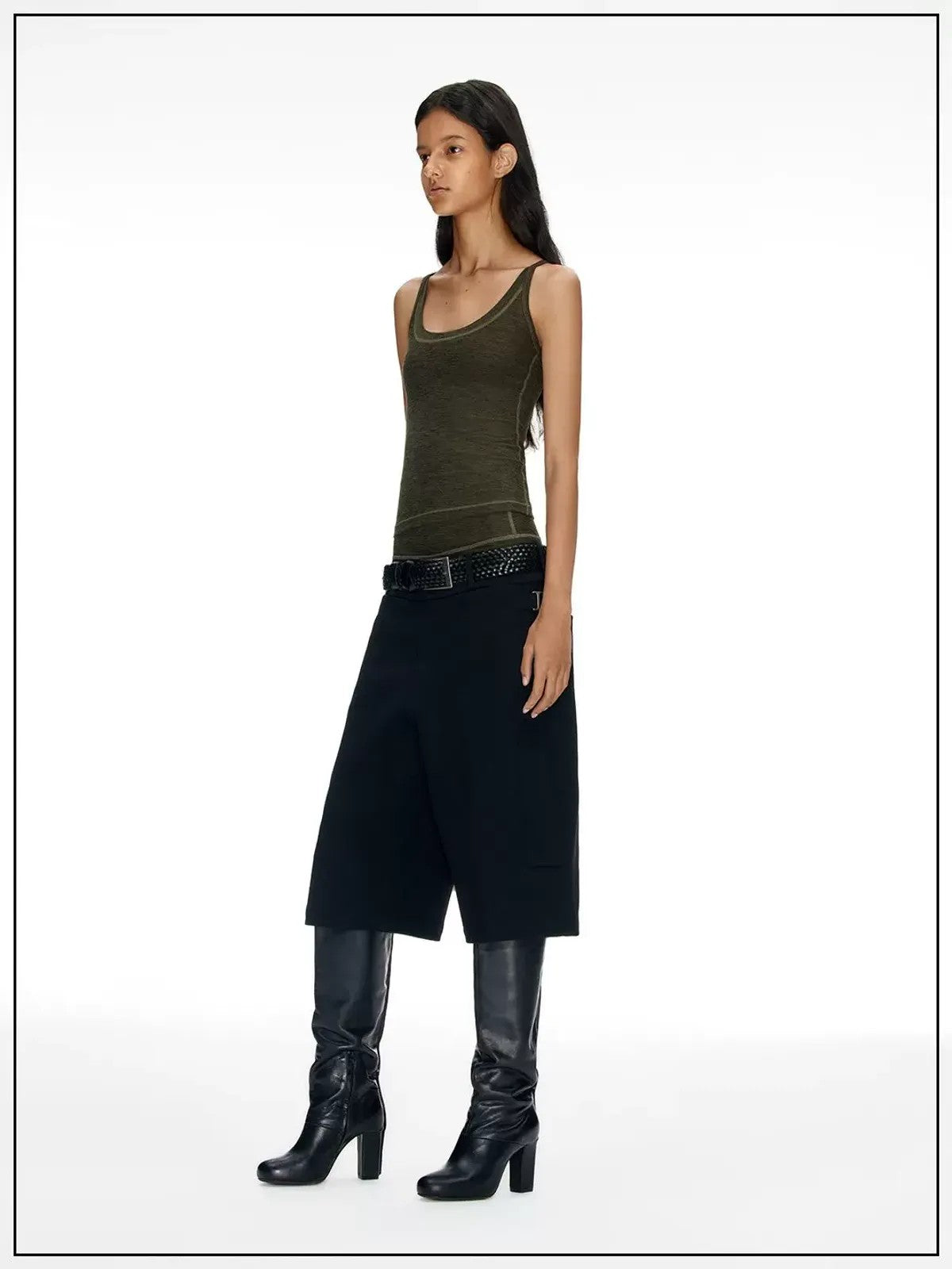 FaxCopyExpress Long U Cut Racer Tank in Olive - On Female Model