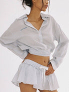 SweetChilling Wrap Hem Cropped Shirt in Blue - On Female Model