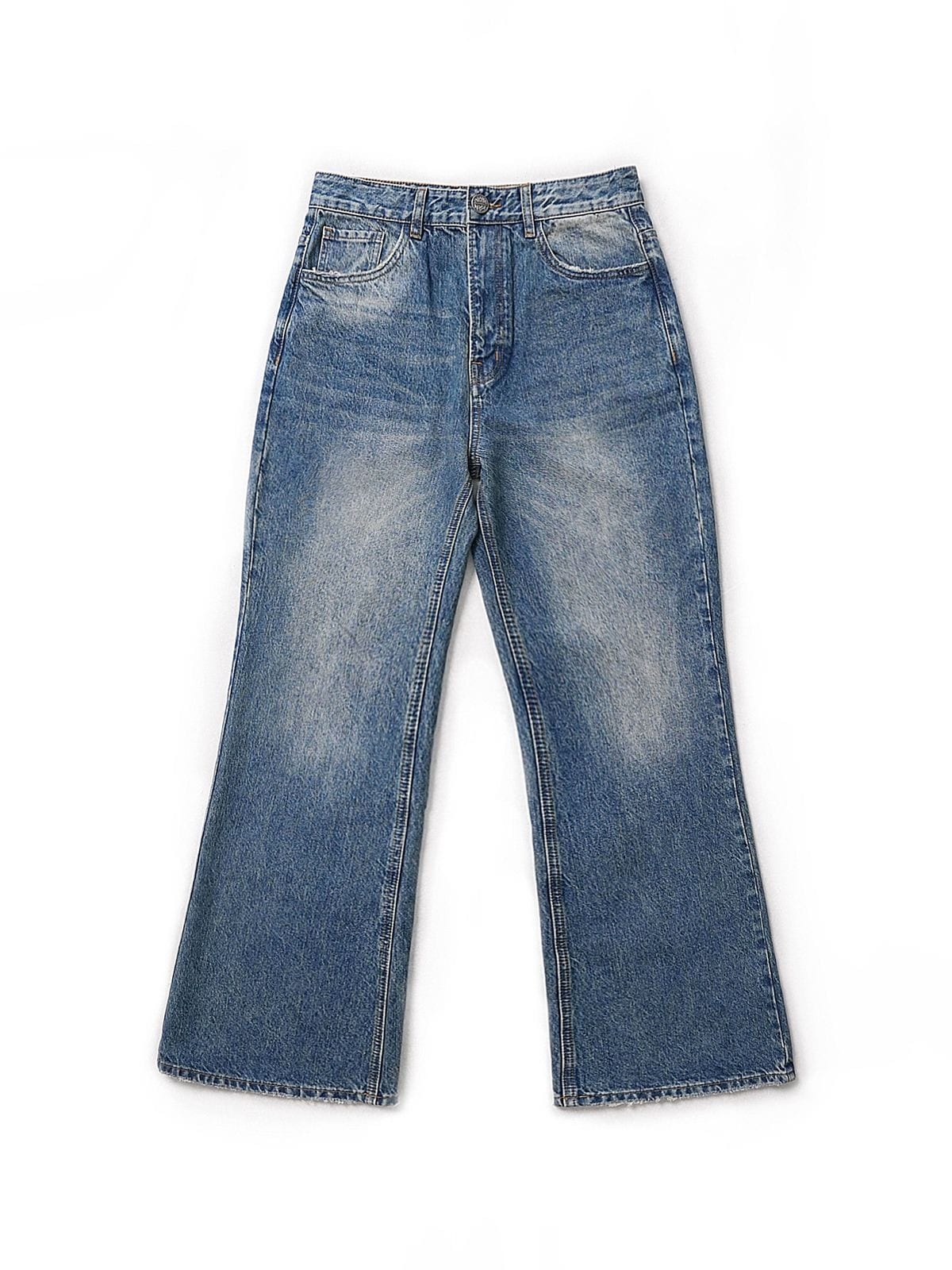 MASONPRINCE High Waisted Distressed Flared Jeans in Navy Blue