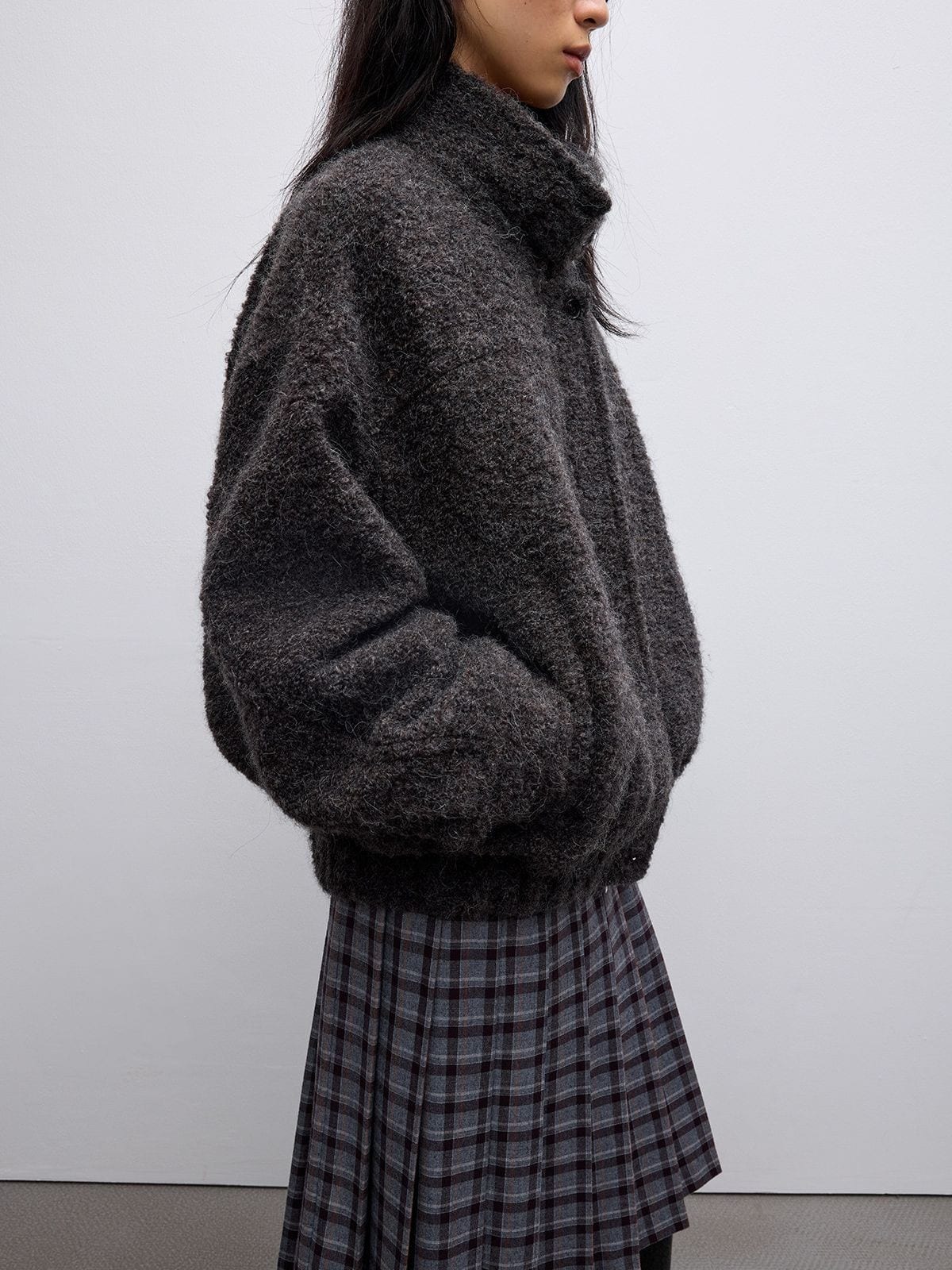 Random Piece Alpaca Blend Boucl Zip Jacket in Gray - On Female Model