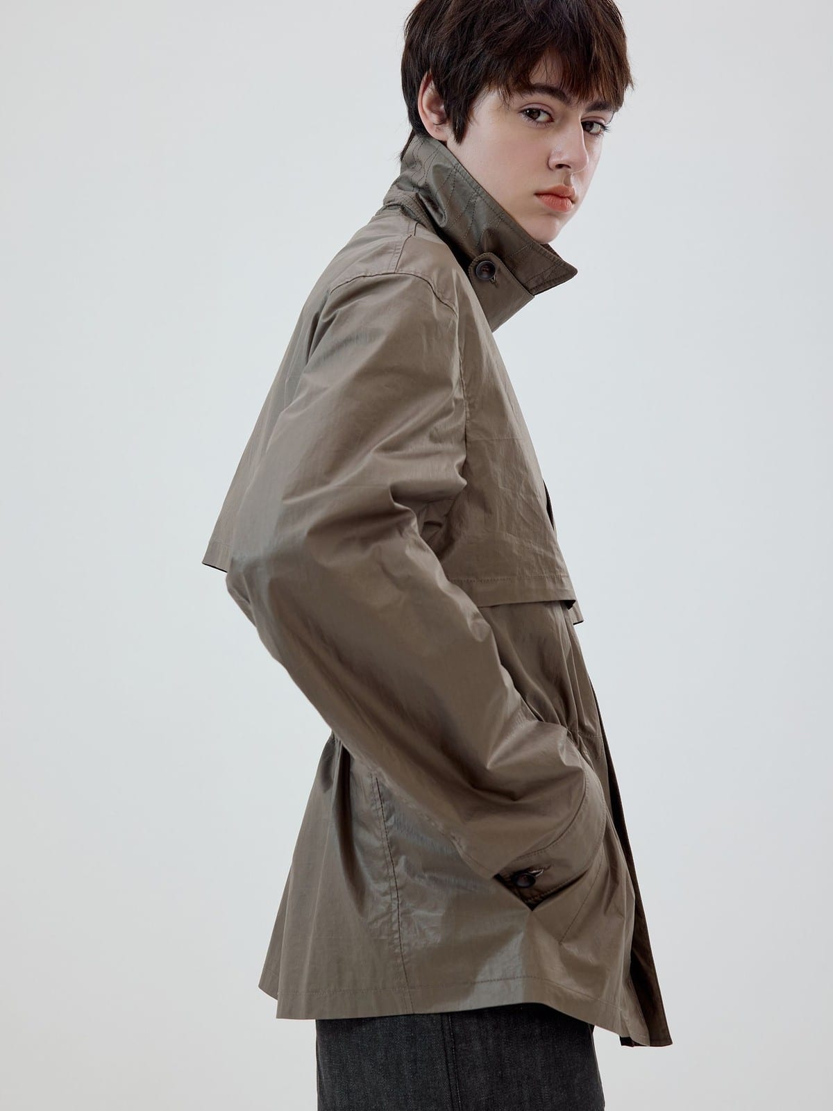 SIMPLE PROJECT Coated Drawstring Hunting Jacket in Beige - On Model