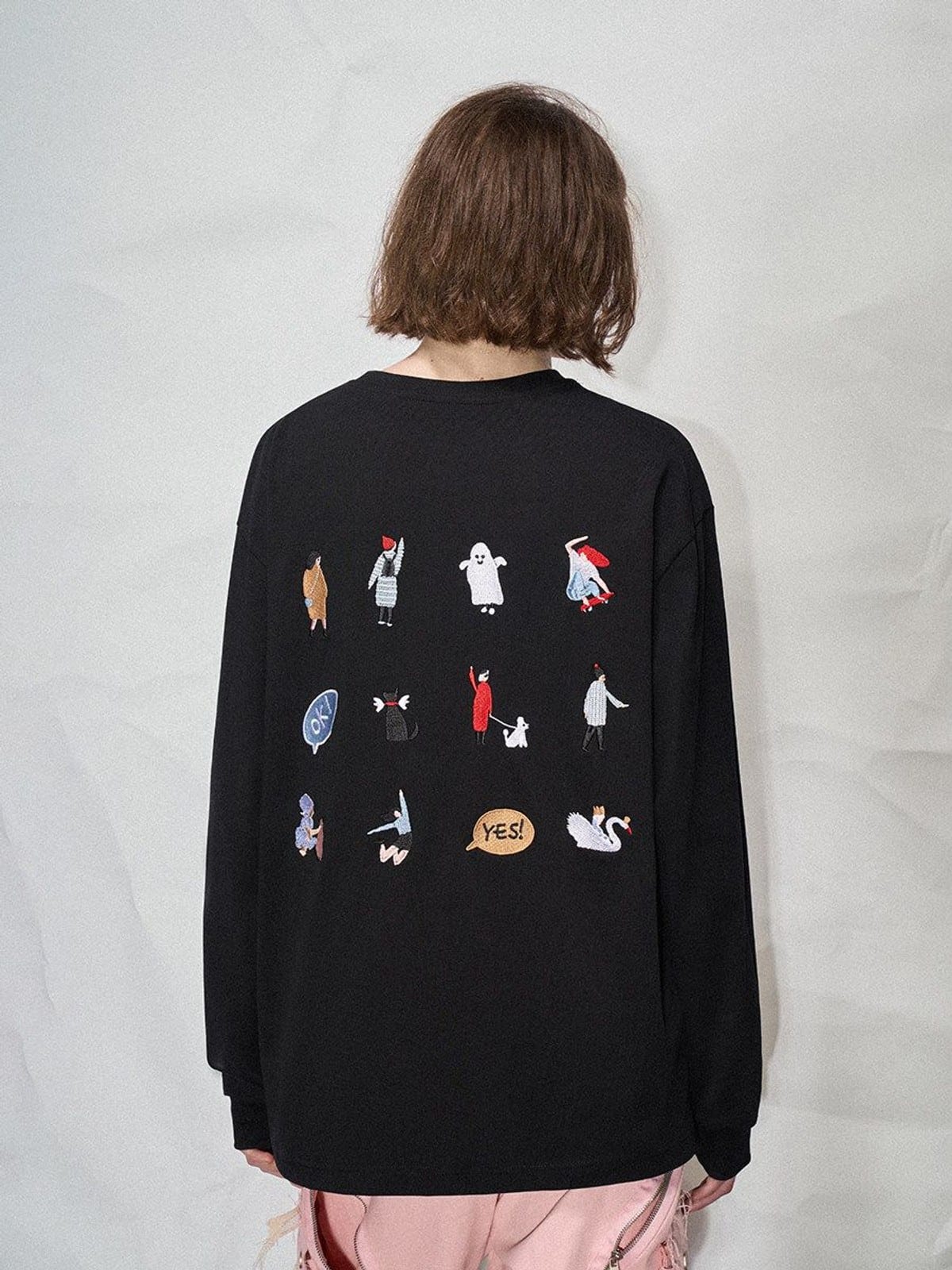 LOSTCTRL Embroidered Long Sleeve Cotton T Shirt in Black - On Model