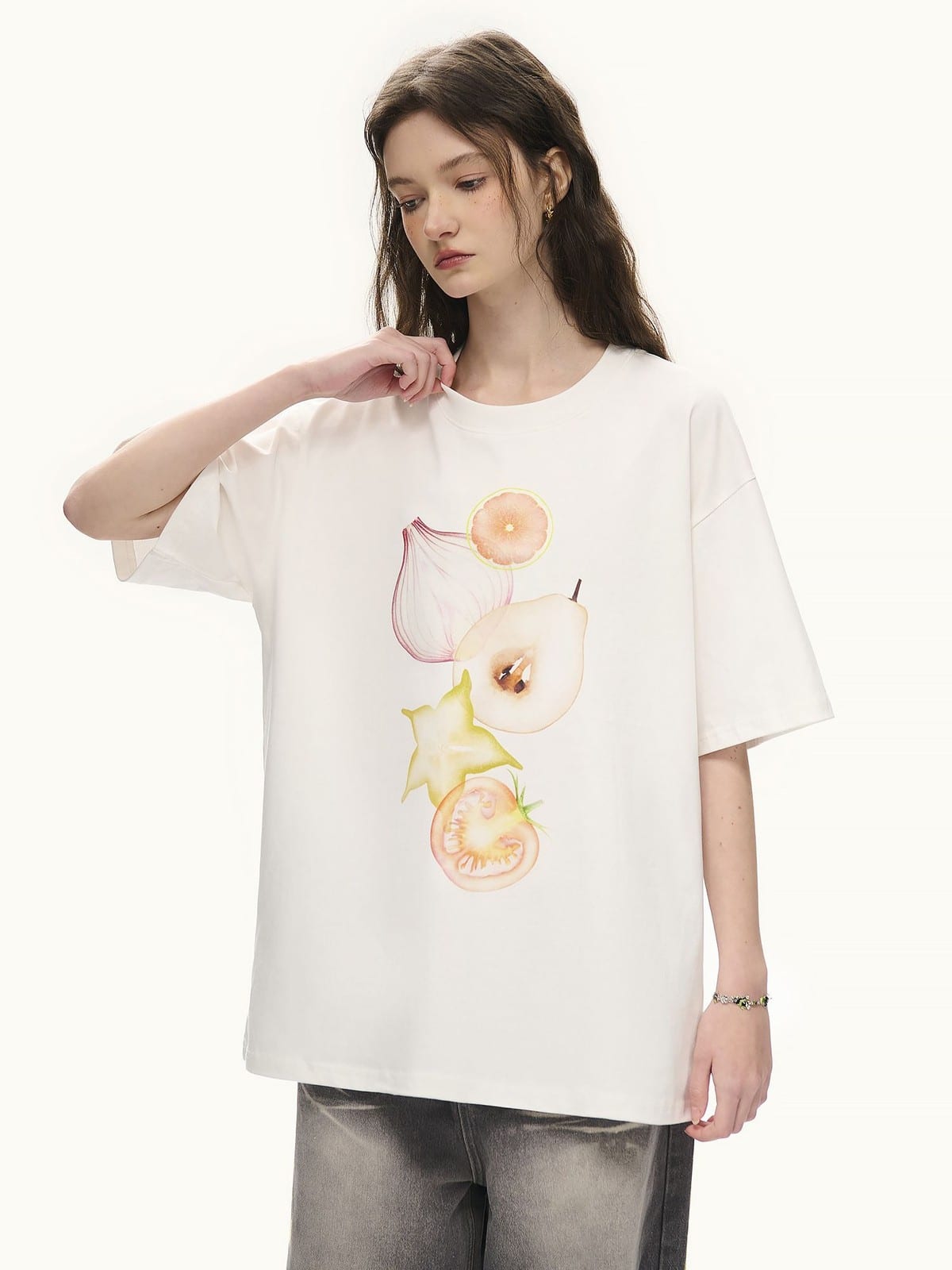 LOSTCTRL Fruit Veggie Print Cotton Blend T Shirt in White - On Female Model