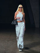 SMFK Garment Dyed Drawstring Cargo Pants in White - On Female Model