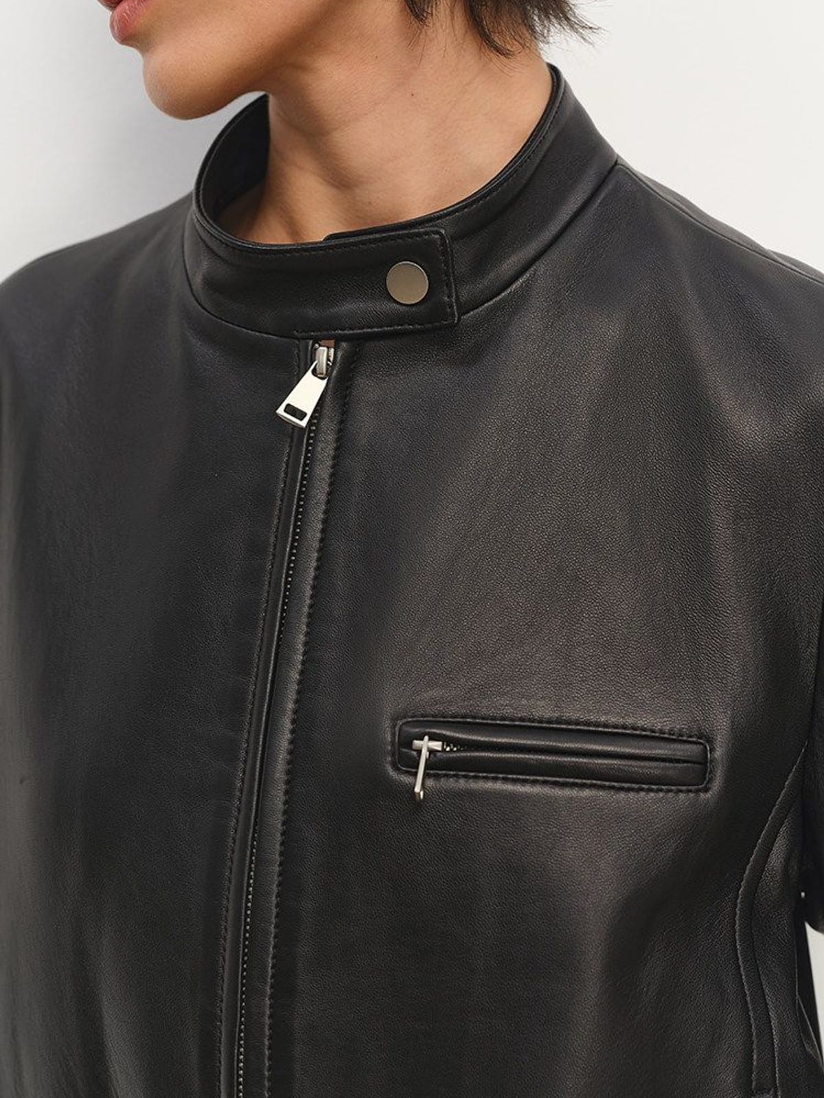 MSBEAST Suede Leather Cropped Moto Jacket in Black - On Female Model