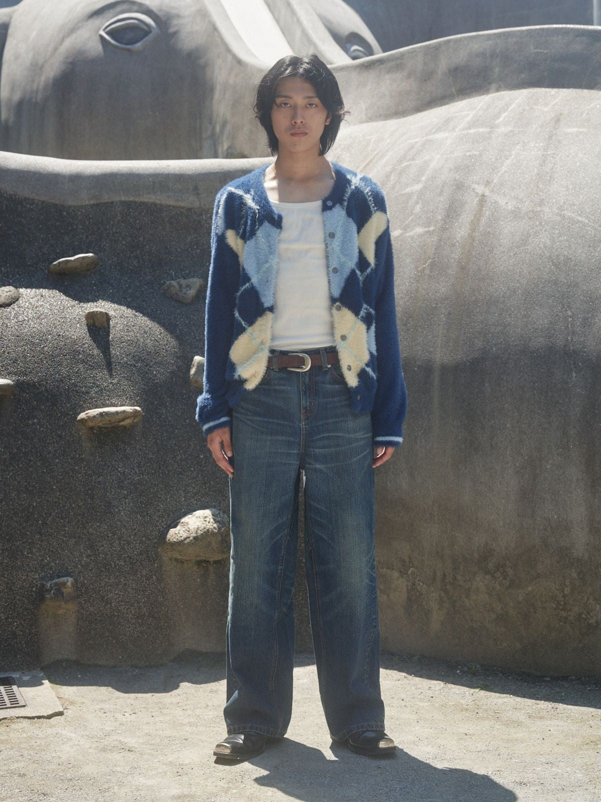 Retro 21 Faux Mink Argyle Cardigan in Blue - On Male Model