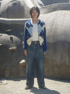 Retro 21 Faux Mink Argyle Cardigan in Blue - On Male Model