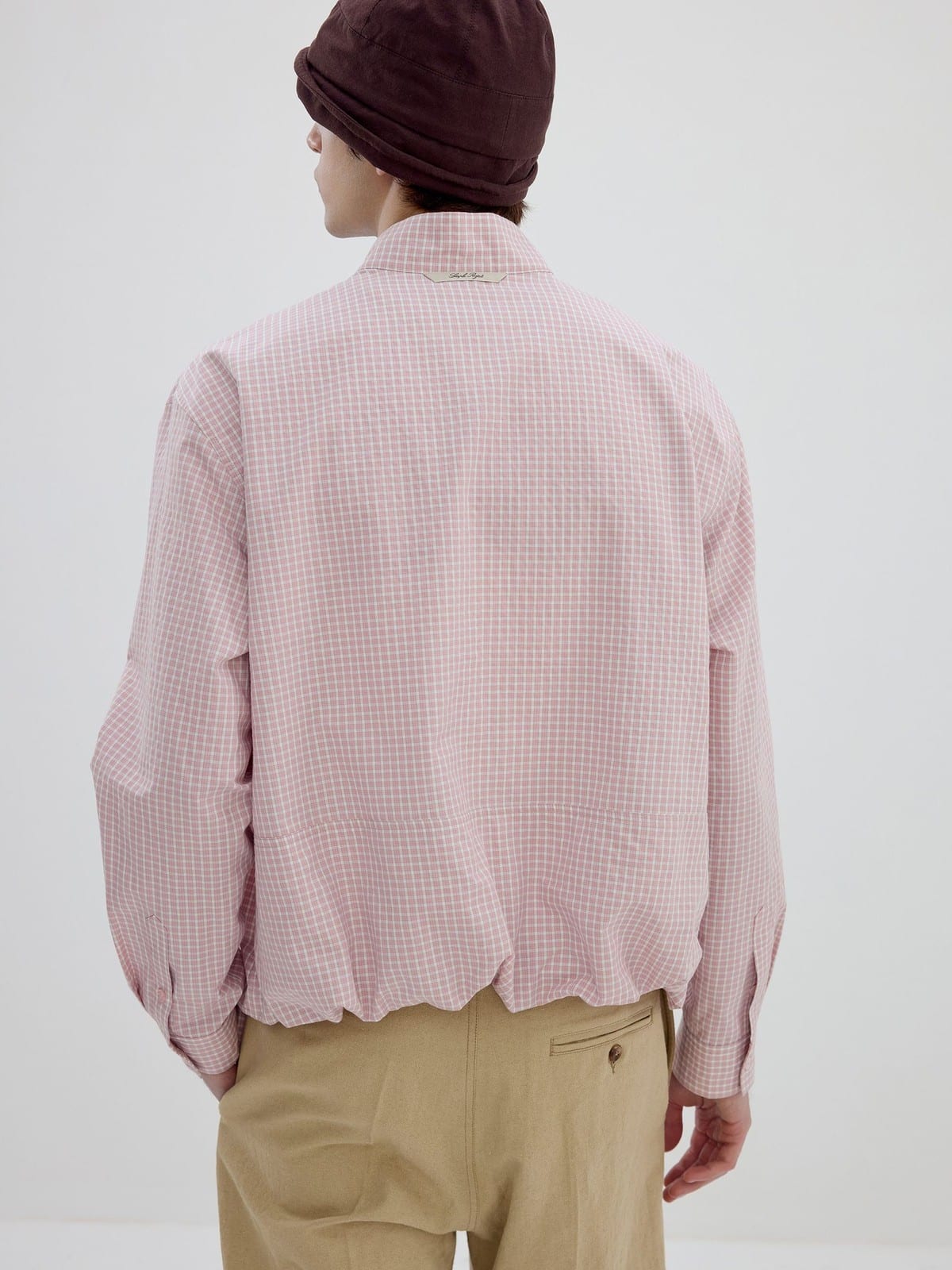 SIMPLE PROJECT Half Placket Plaid Popover Shirt in Pink - On Model