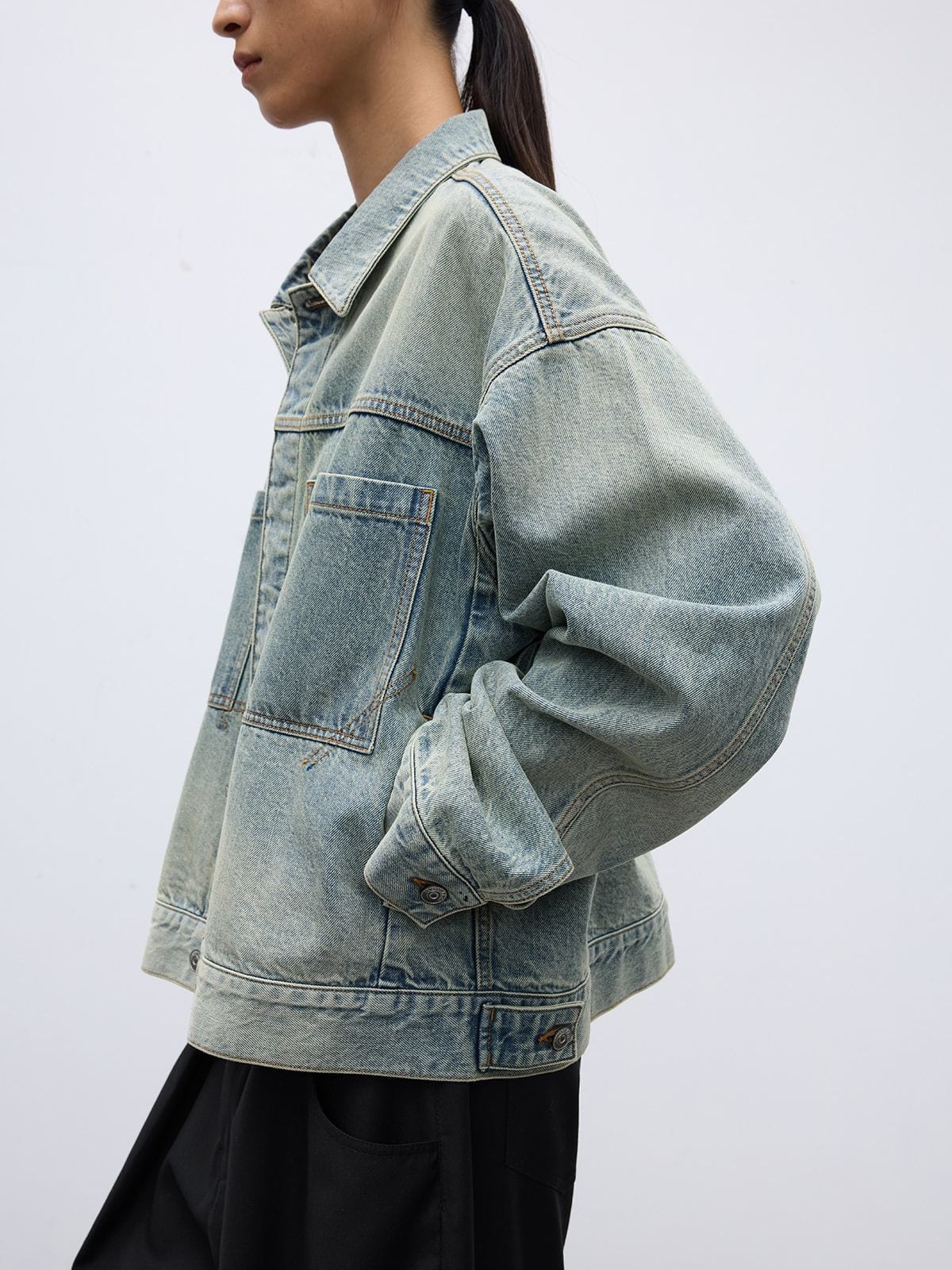 Random Piece Washed Cotton Cropped Denim Jacket in Sky Blue - On Female Model