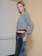 RARELY ALIKE Silver Sequin Tweed Cropped Jacket in Silver - On Female Model