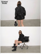 ACSENSE STUDIO Triangle Cut Sheepskin Jacket in Black - On Female Model