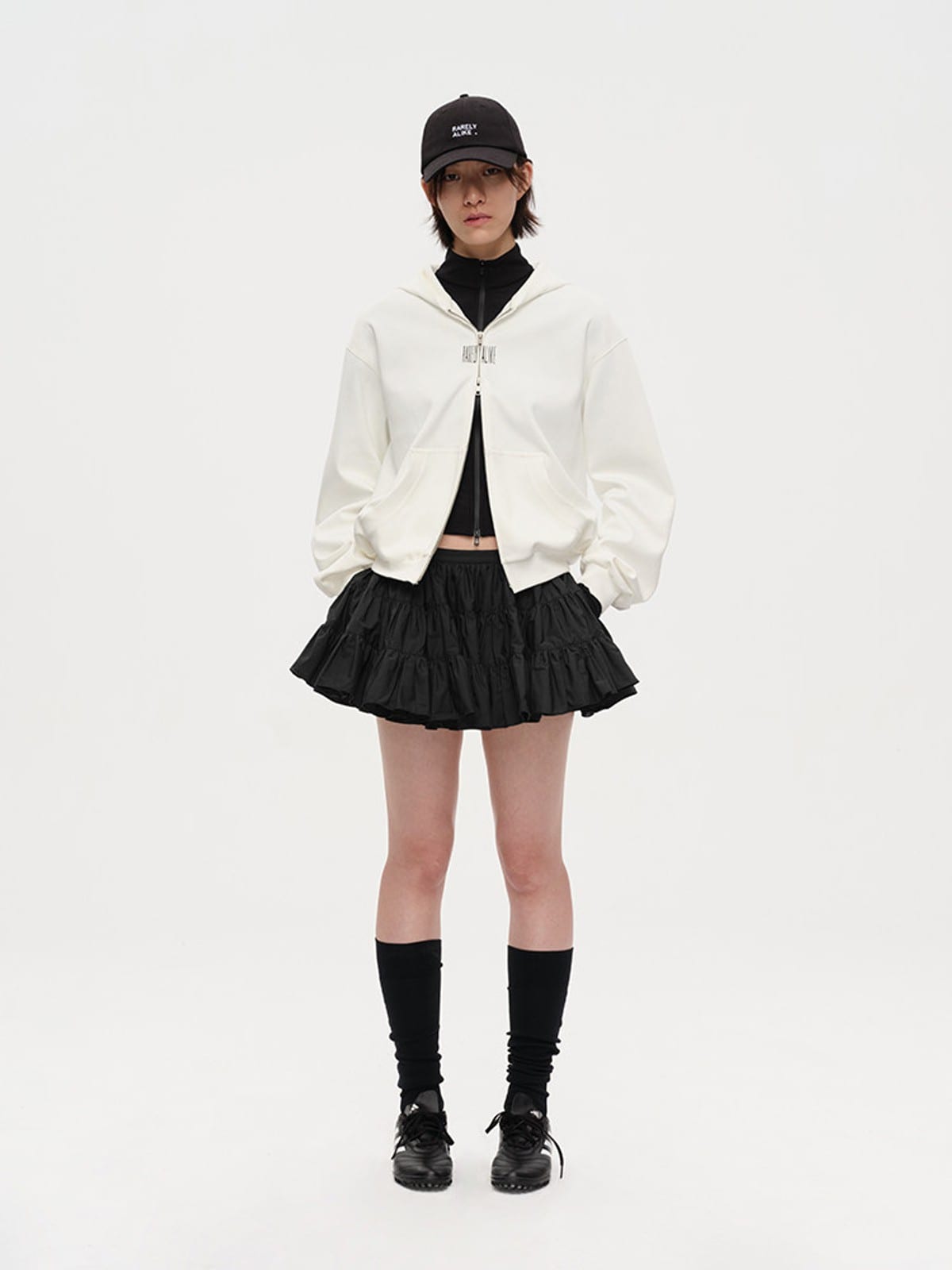 RARELY ALIKE Cinched Waist Logo Zip Up Hoodie in White - On Female Model