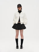 RARELY ALIKE Cinched Waist Logo Zip Up Hoodie in White - On Female Model