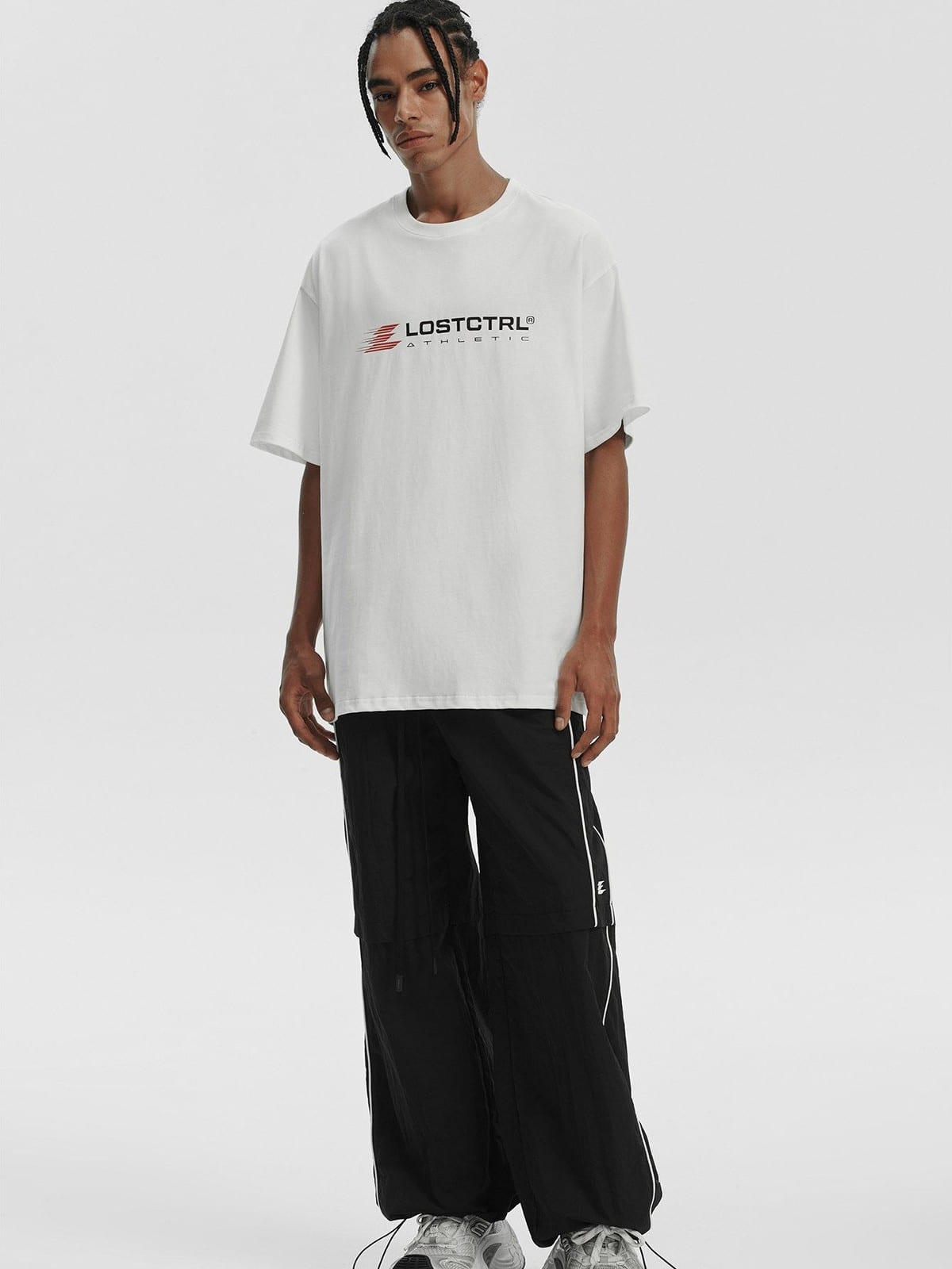 LOSTCTRL Heavyweight Cotton Graphic T Shirt in White - On Male Model