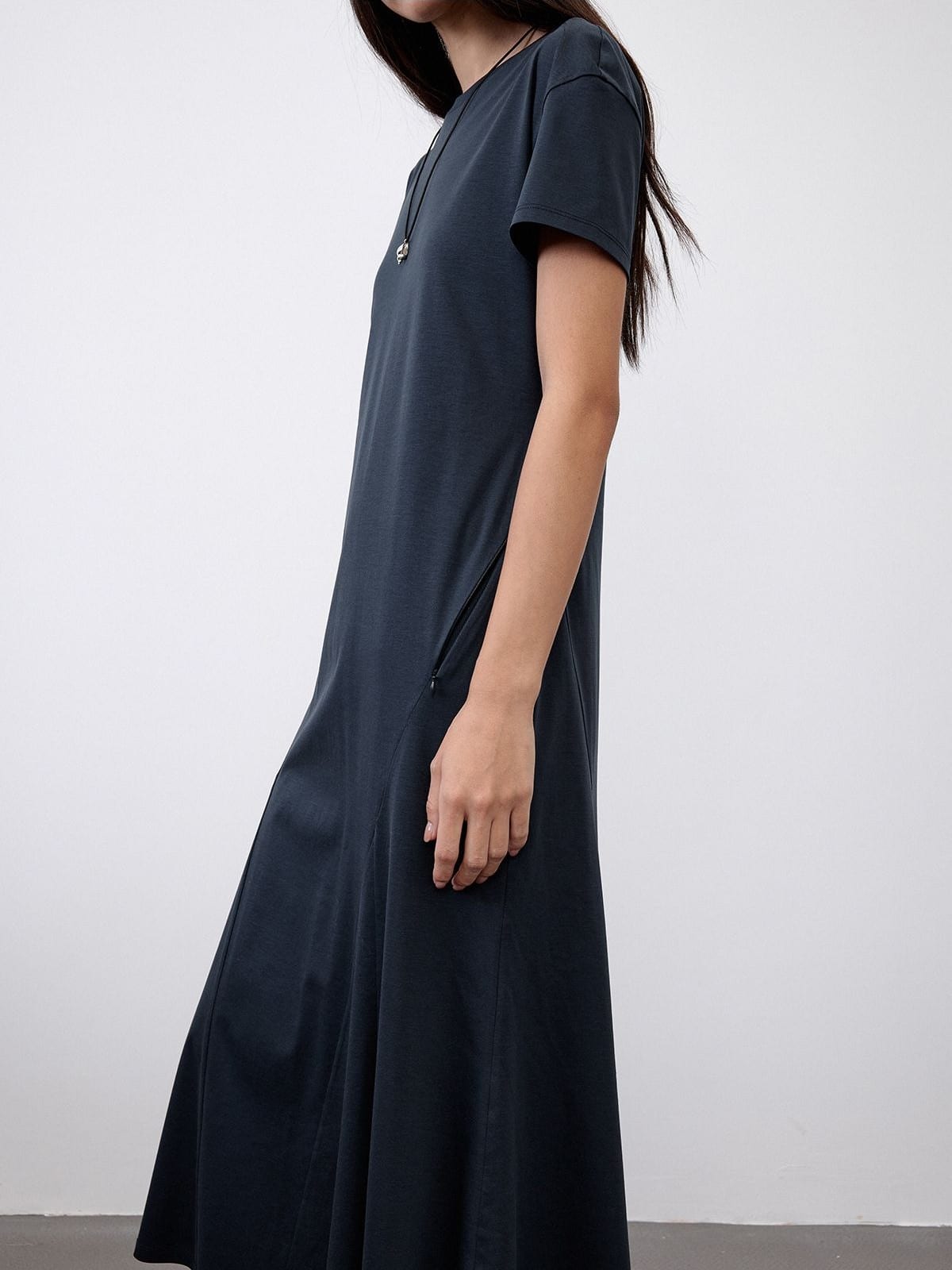 Random Piece Paneled Cotton Blend Fishtail Dress in Blue - On Female Model