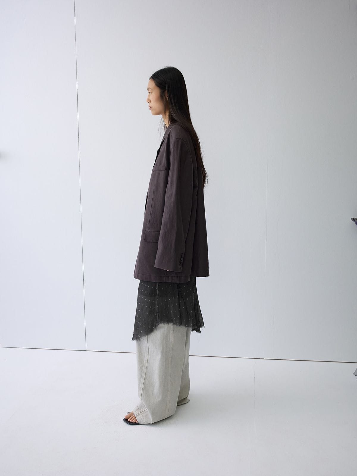 Random Piece Drop Shoulder Cotton Linen Blazer in Gray - On Female Model