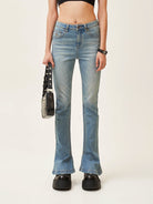 SMFK High Waisted Horseshoe Flare Jeans in Blue - On Female Model