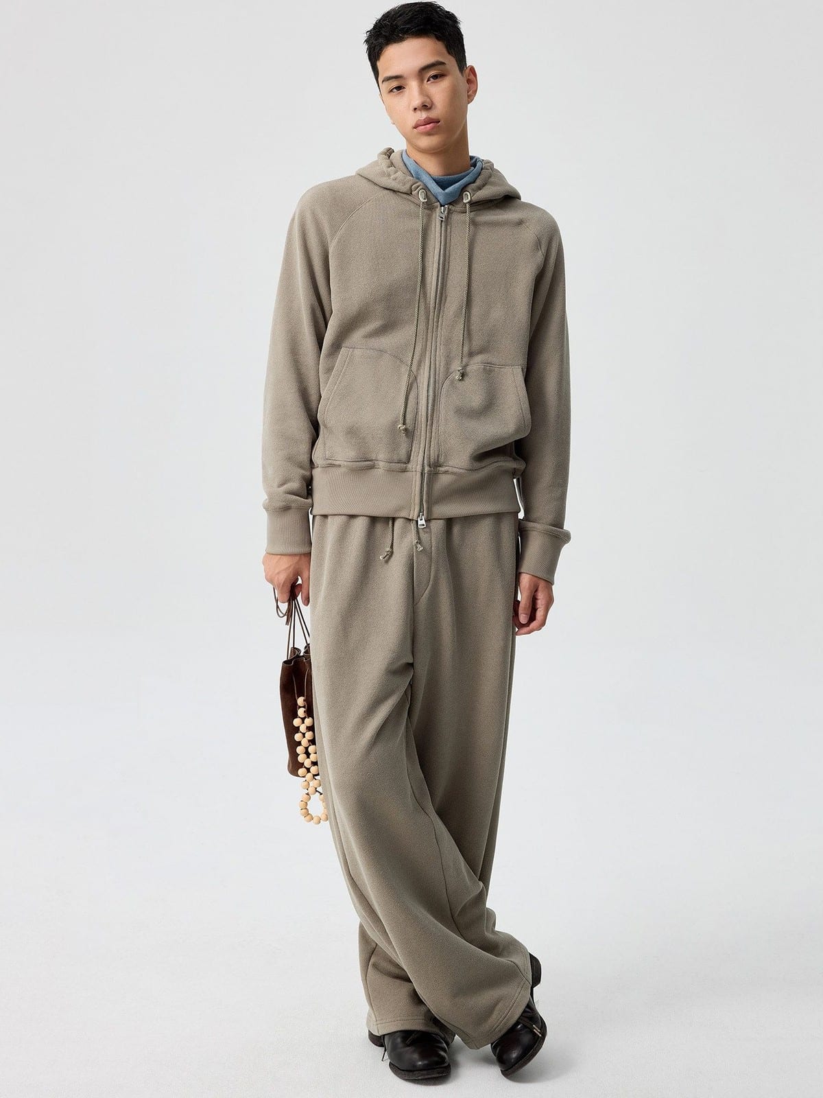 SIMPLE PROJECT Cotton Blend Zip Up Hoodie in Beige - On Male Model