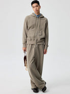 SIMPLE PROJECT Cotton Blend Zip Up Hoodie in Beige - On Male Model