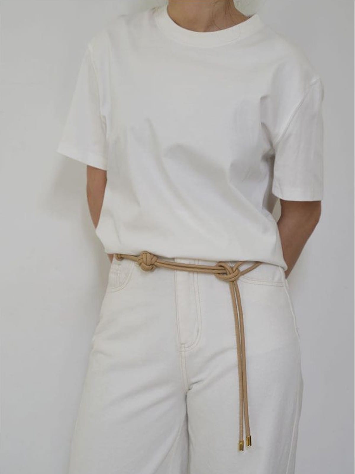 PANLULUPAN Braided Faux Leather Tie Belt in Beige - On Female Model
