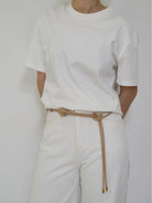 PANLULUPAN Braided Faux Leather Tie Belt in Beige - On Female Model