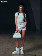 SMFK Cropped Ribbed Short Sleeve T Shirt in White - On Female Model