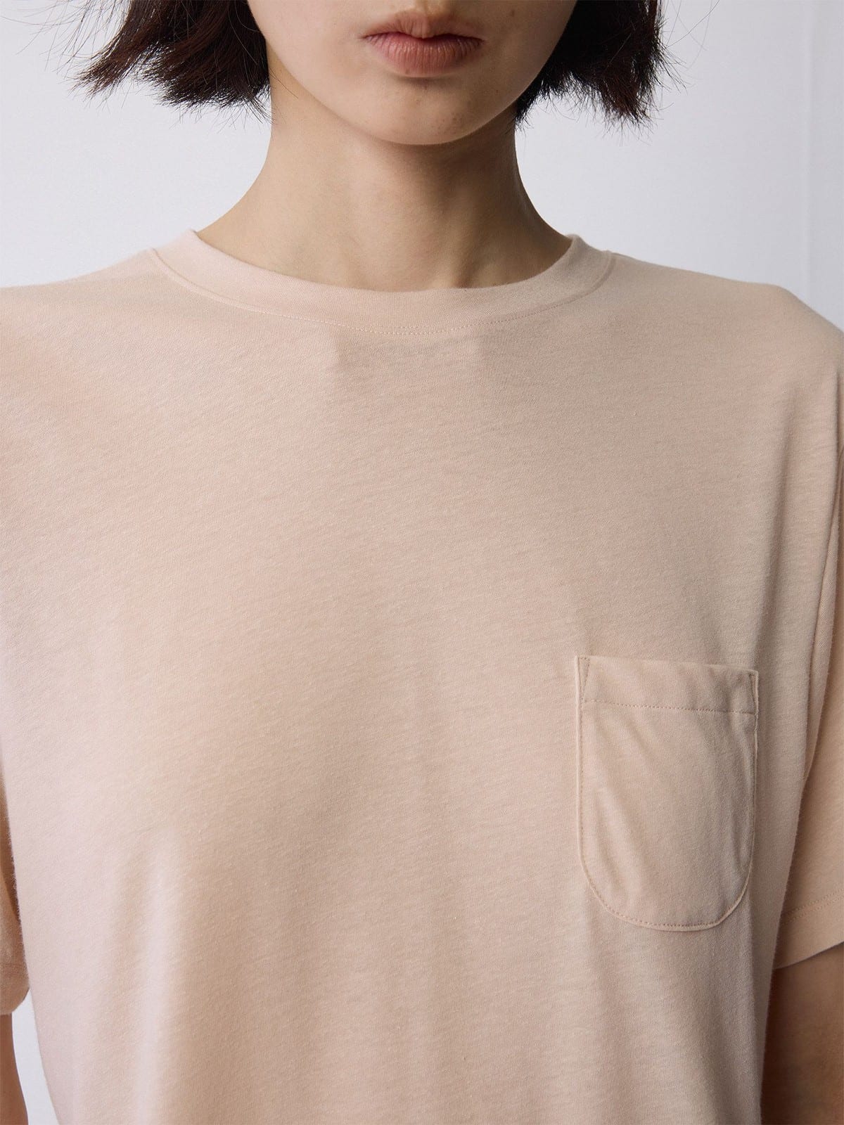 Random Piece Linen Blend Pocket T Shirt in Beige - On Female Model