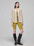 SIMPLE PROJECT Sheer Crinkled Plaid Ruffle Shirt in Khaki - On Female Model