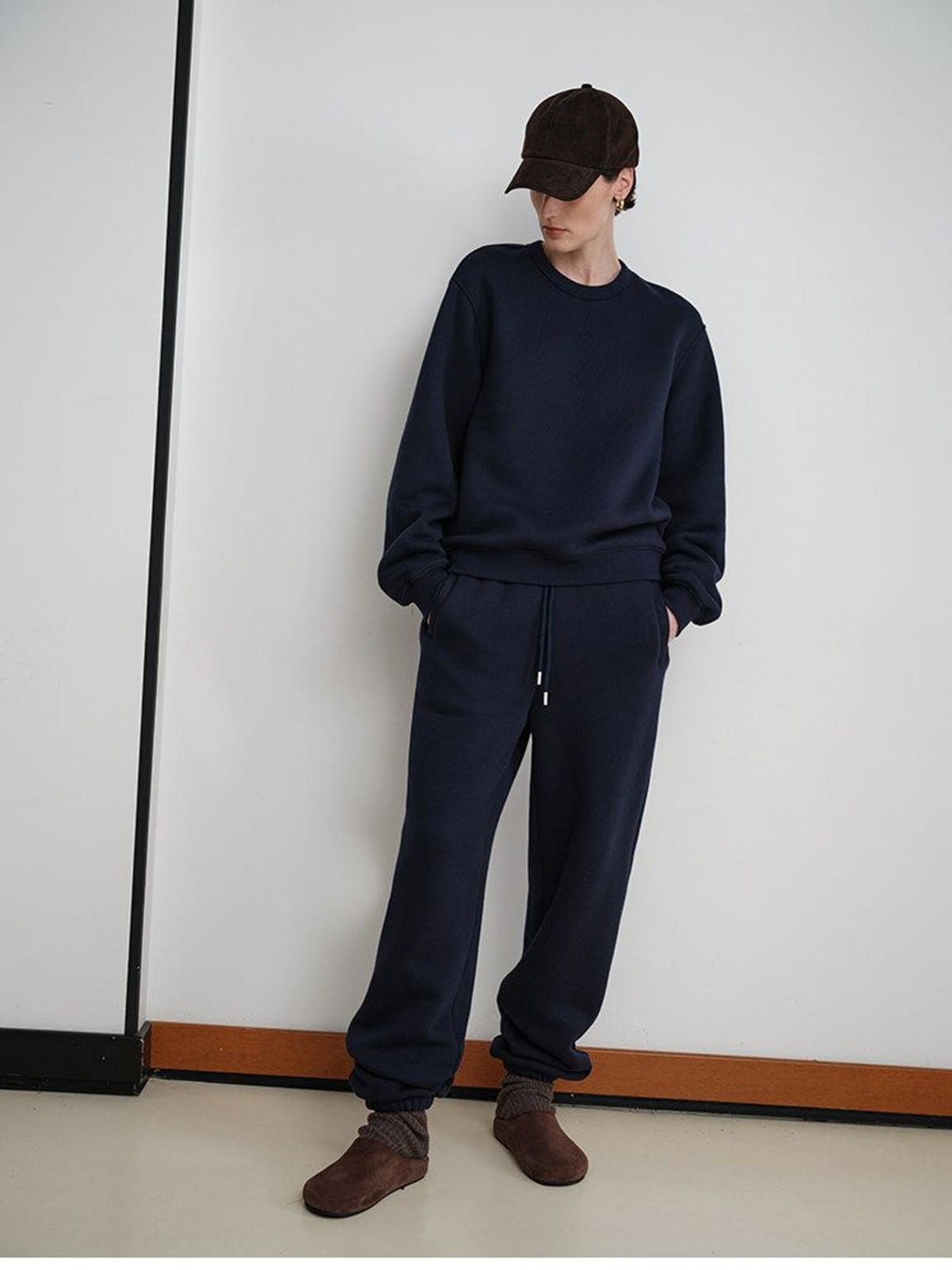 MSBEAST Fleece Lined Cotton Sweatshirt Pants Set in Navy Blue - On Female Model