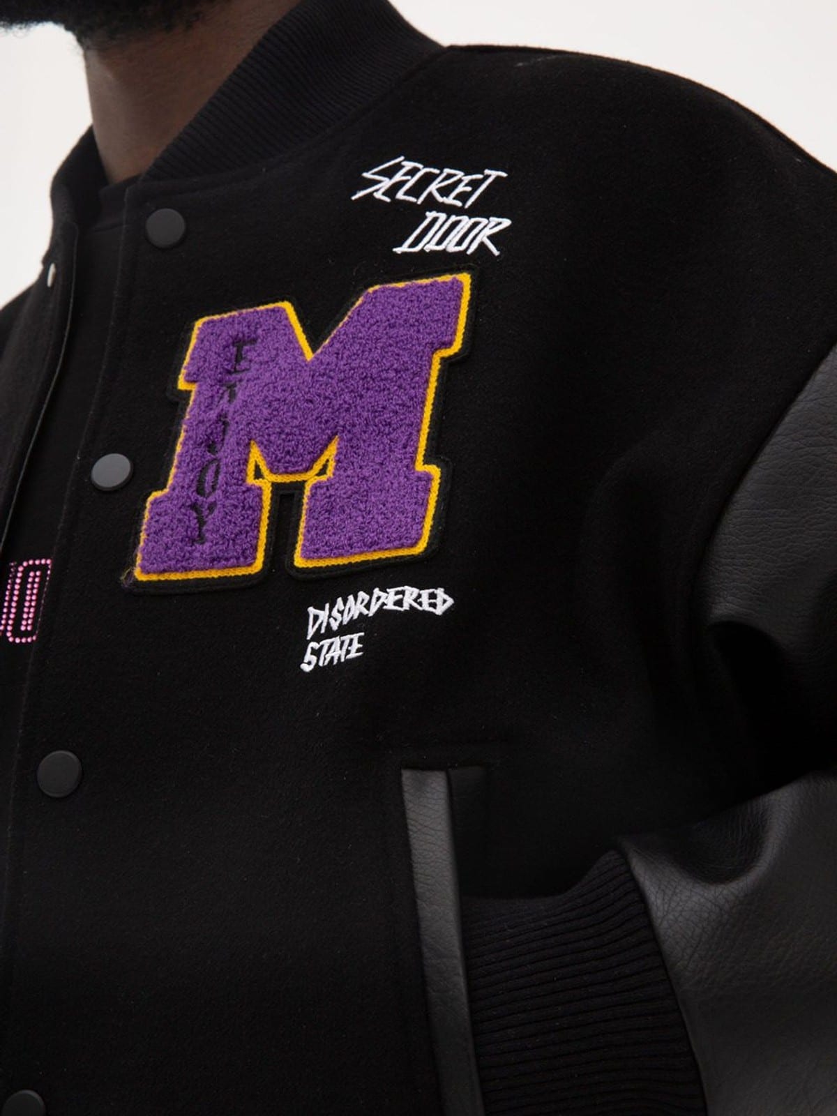 MEDM Wool Blend Varsity Jacket in Black - On Male Model