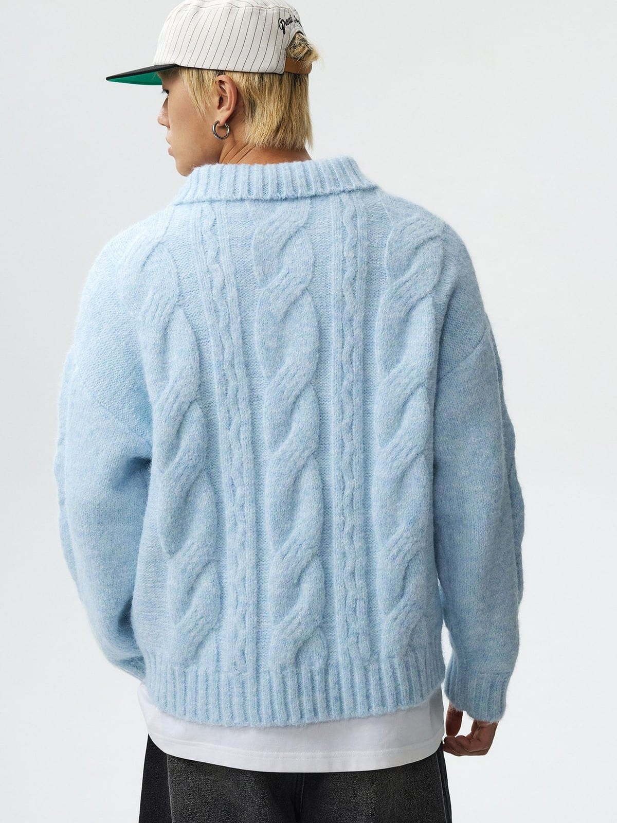MEDM Cable Knit Quarter Zip Sweater in Sky Blue - On Model