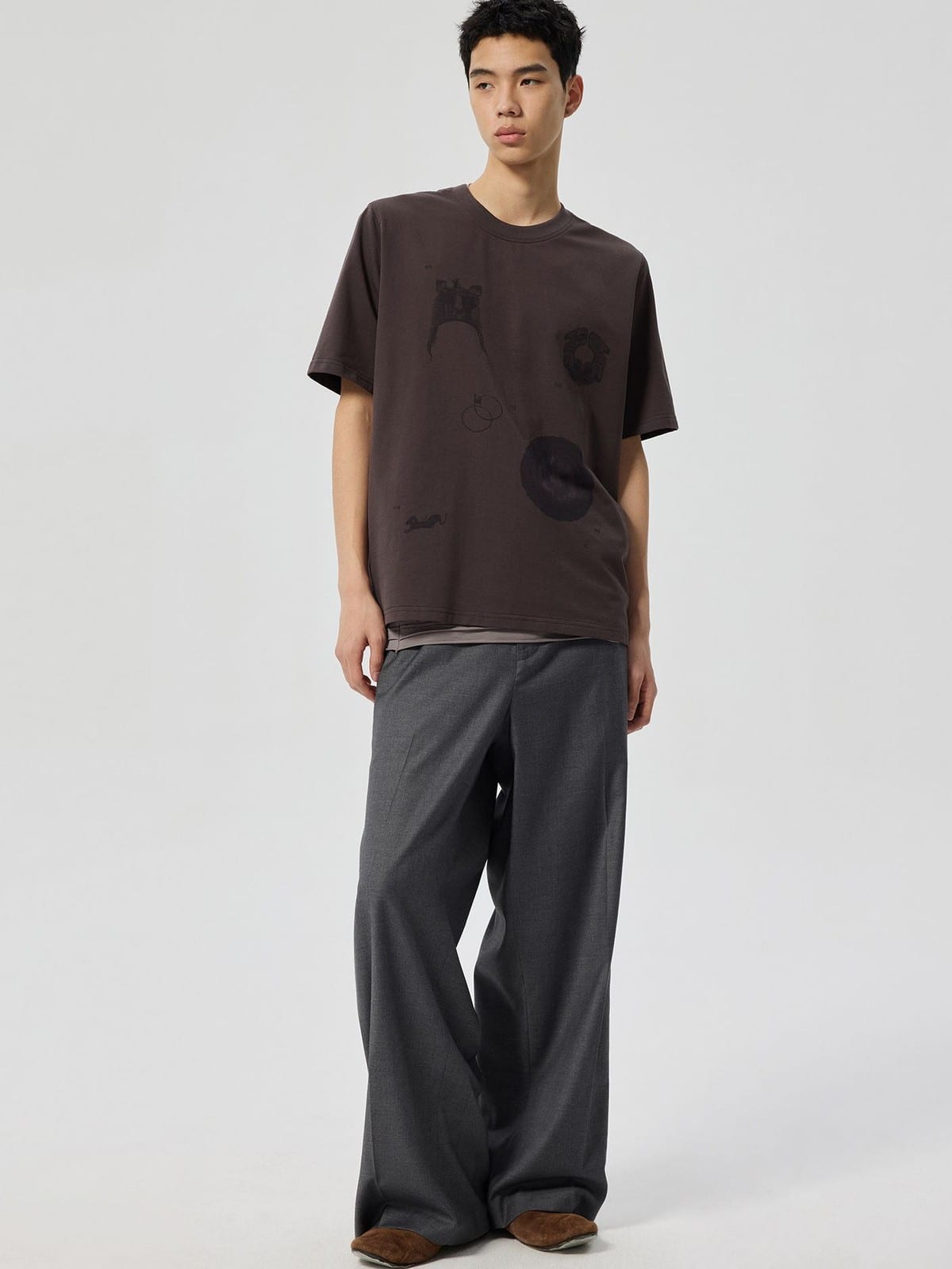 SIMPLE PROJECT Cotton Blend Graphic Print T Shirt in Brown - On Male Model