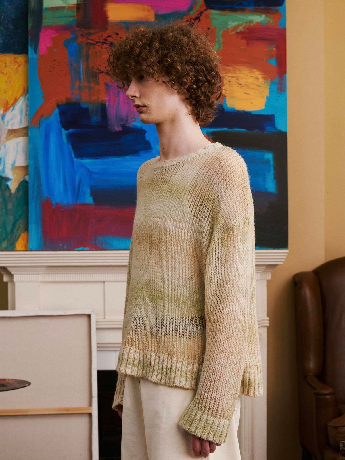 Retro 21 Gradient Open Knit Wool Blend Sweater in Sand - On Male Model