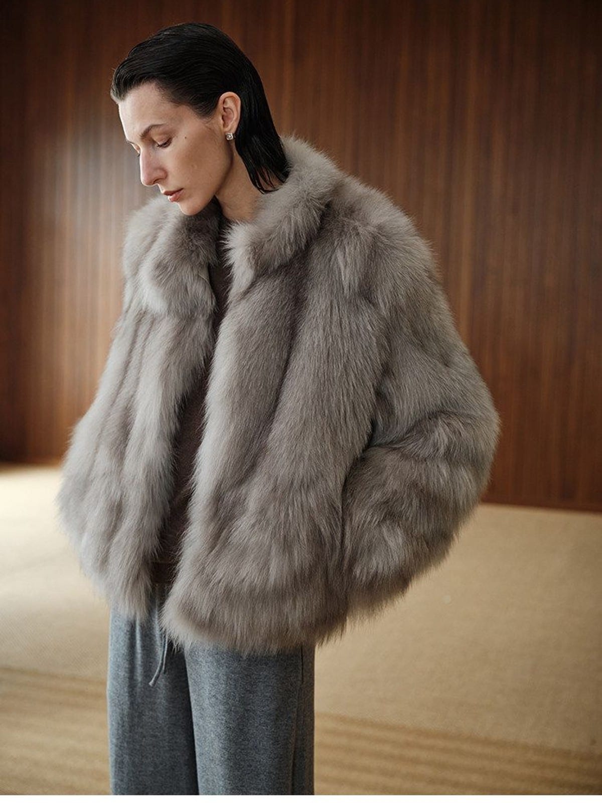 MSBEAST Stand Collar Fox Fur Jacket in Beige - On Female Model