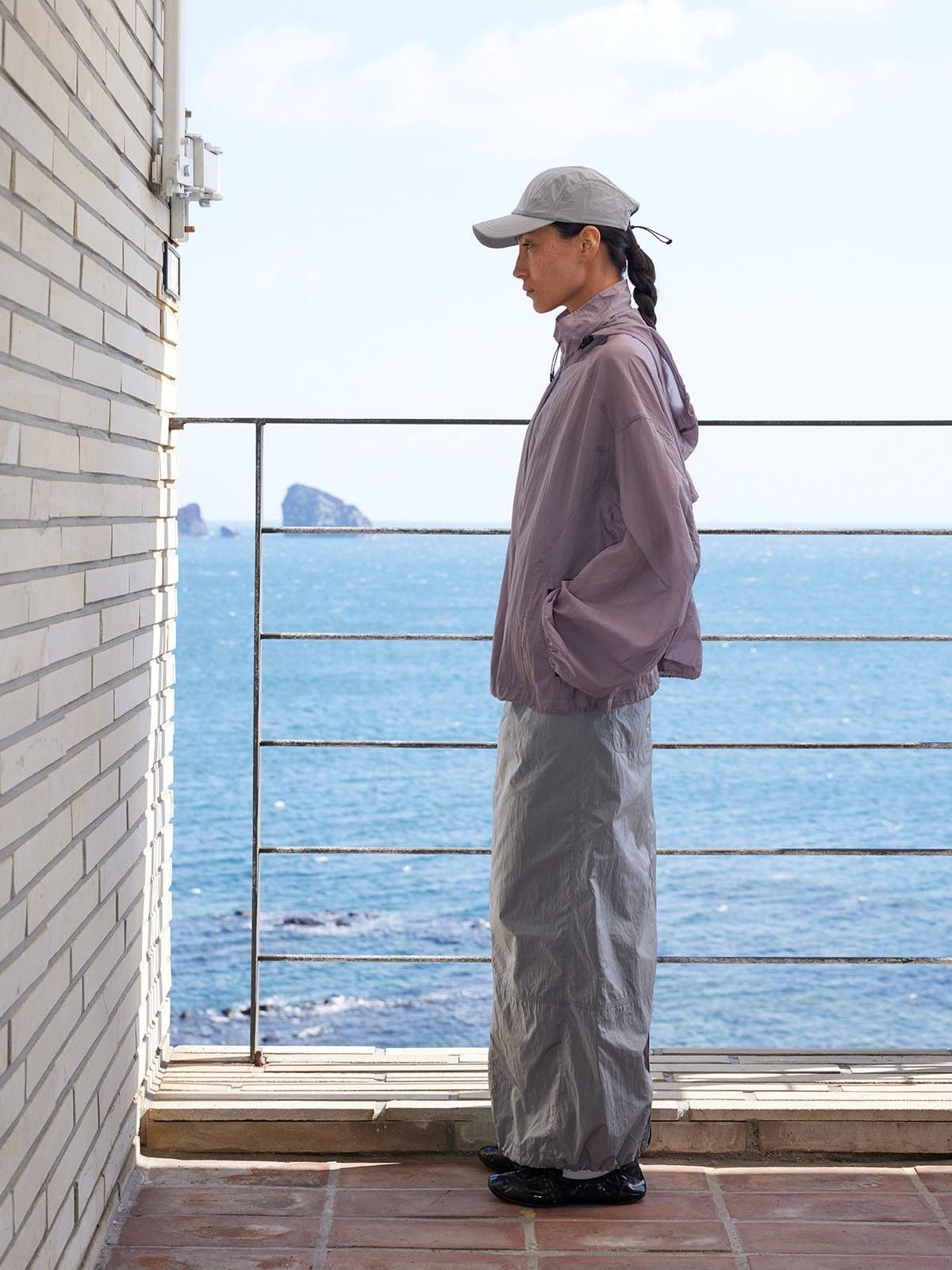 Random Piece Lightweight Cropped Hooded Nylon Jacket in Lavender - On Female Model