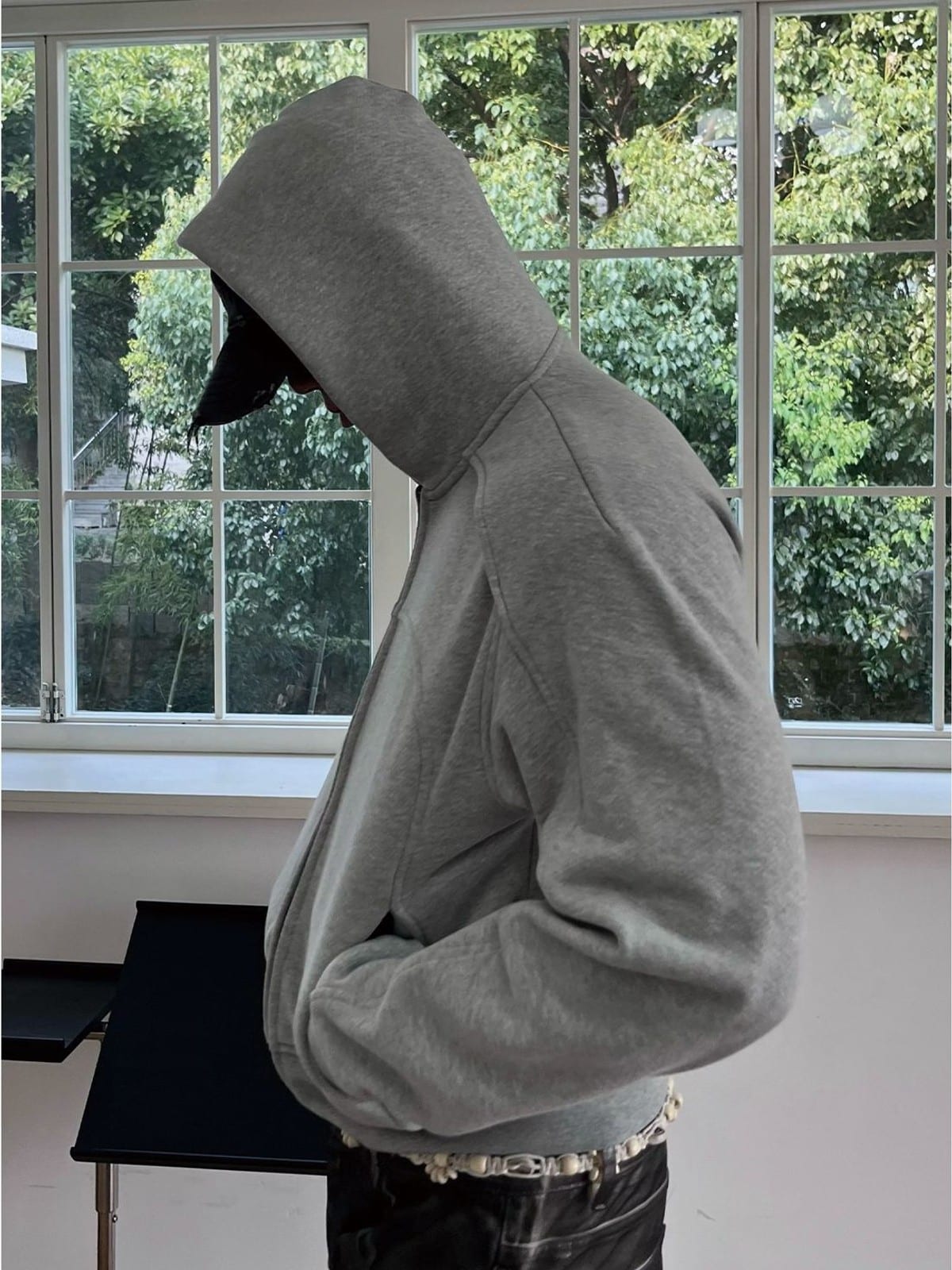 JCAESAR STUDIO Arch Panel Zip Up Hoodie in Dark Gray - On Model