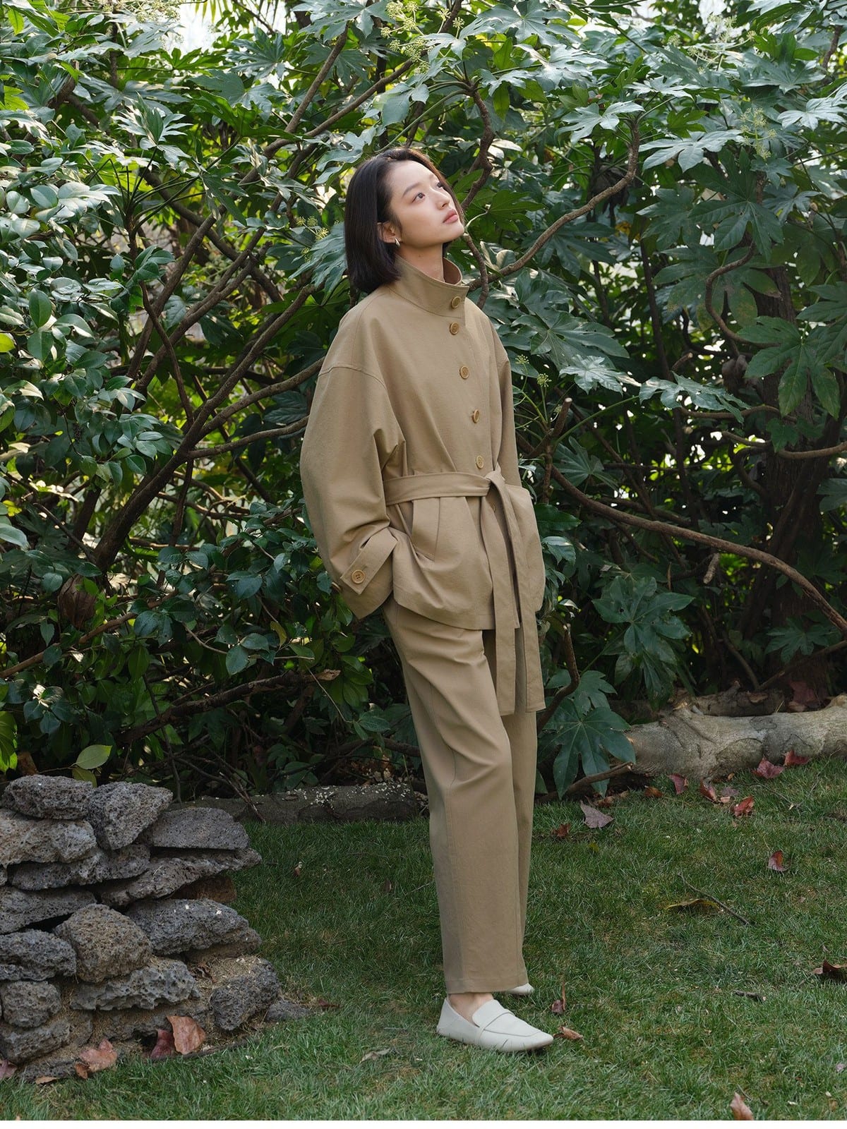 TEASEL Half Elastic Solotex Cocoon Pants in Beige - On Female Model