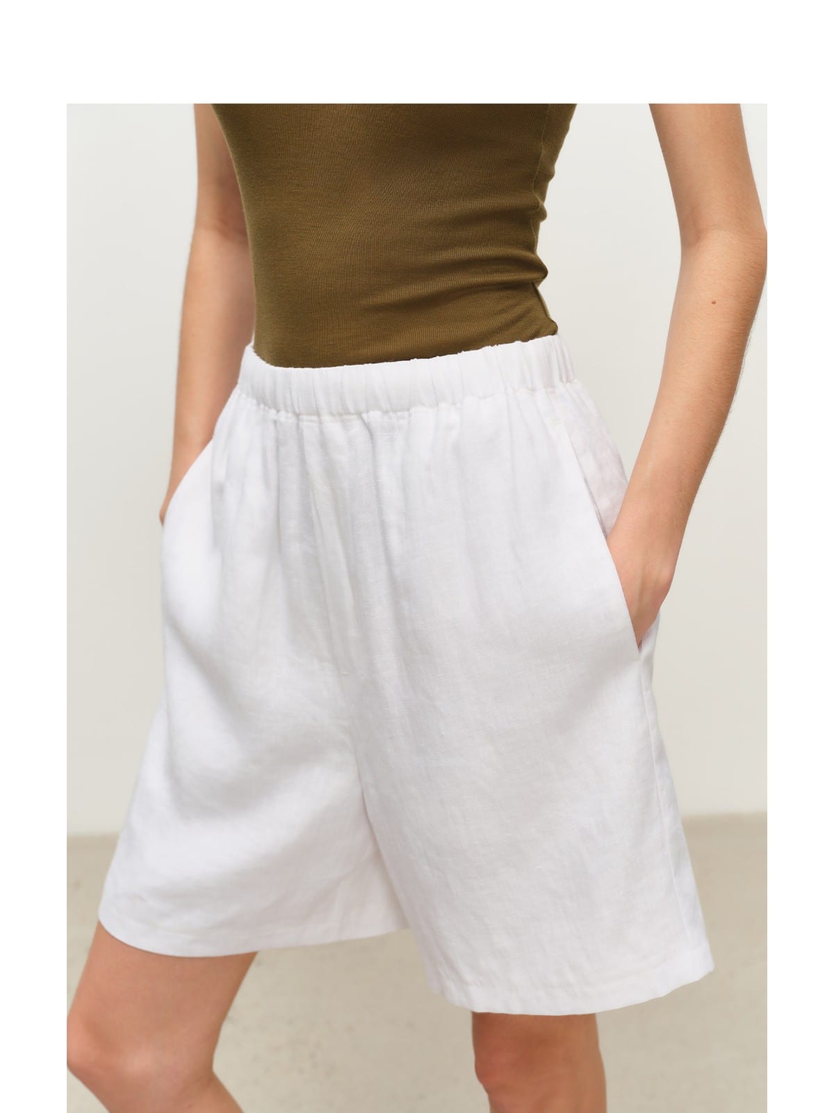 MSBEAST Linen Button Up Shirt Shorts Set in White - On Female Model
